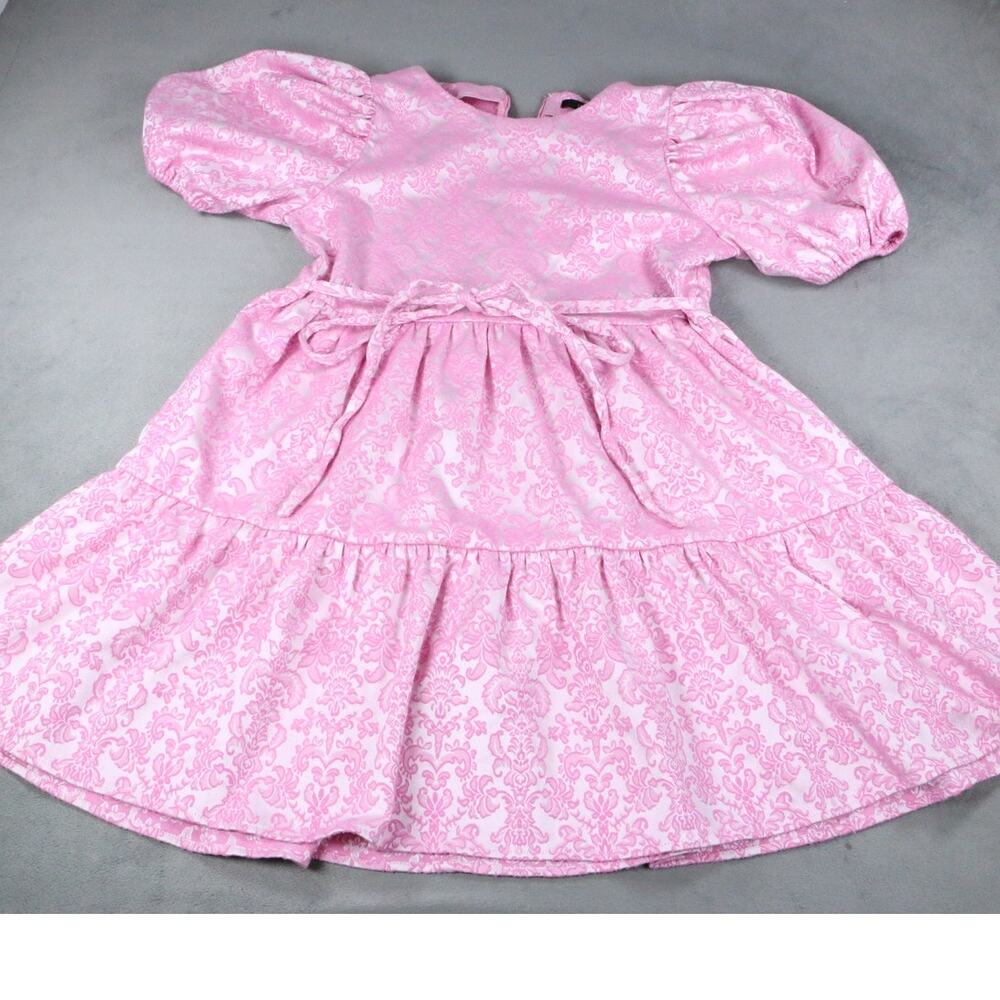 Forever 21 Women’s Pink Puff Sleeve Jacquard Mini Dress Fit & Flare Bow Waist M